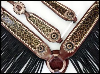 Showman Cheetah print one ear headstall and breast collar black fringe set #4